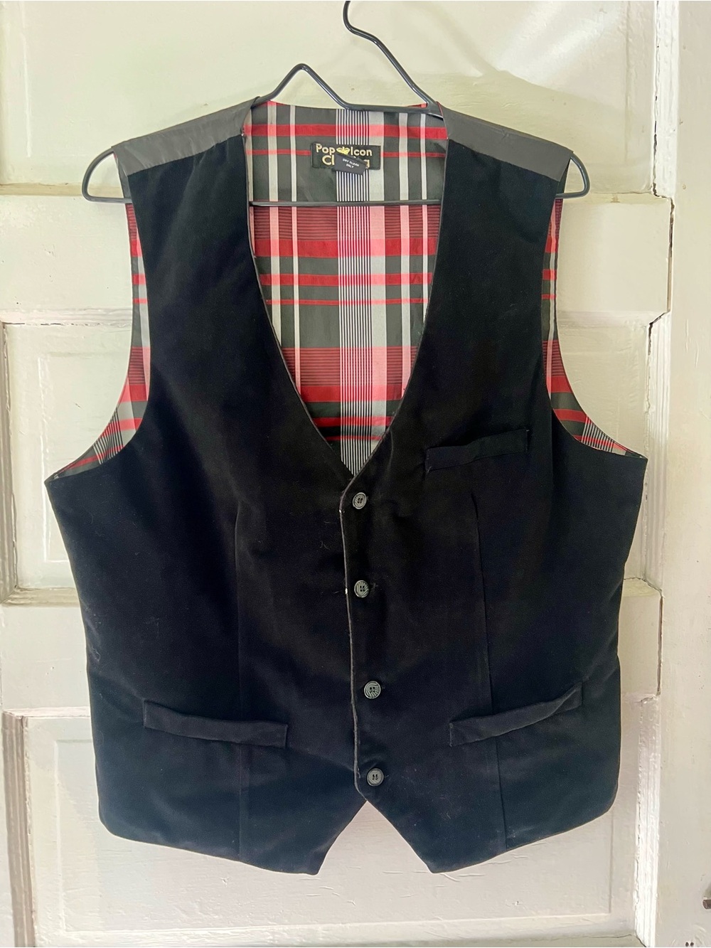 Pop Icon Clothing Vintage Men’s Black Velvet Vest with Red Tartan Plaid Lining